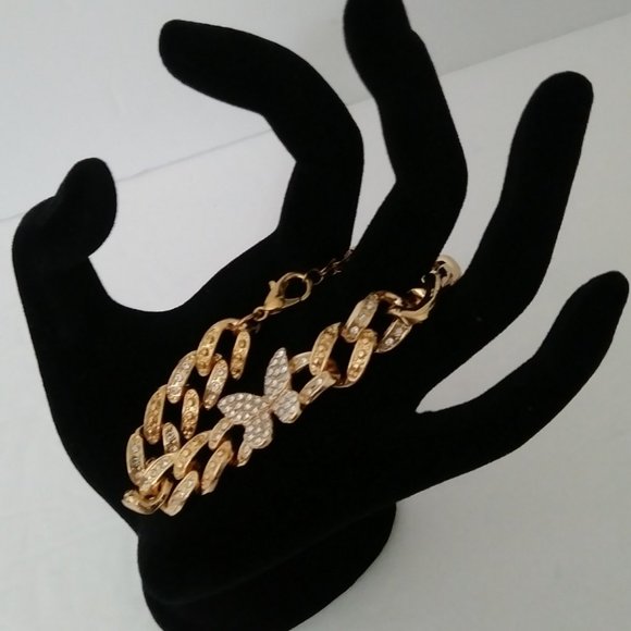 Butterfly Rose Gold Tone Rhinestone Bracelet - Picture 3 of 12